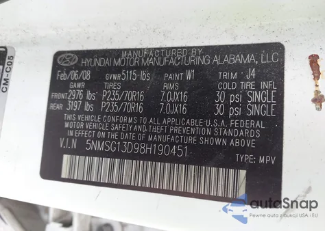 2008 Hyundai Santa Fe Gls z USA, uszkodzony, nr VIN 5NMSG13D98H190451